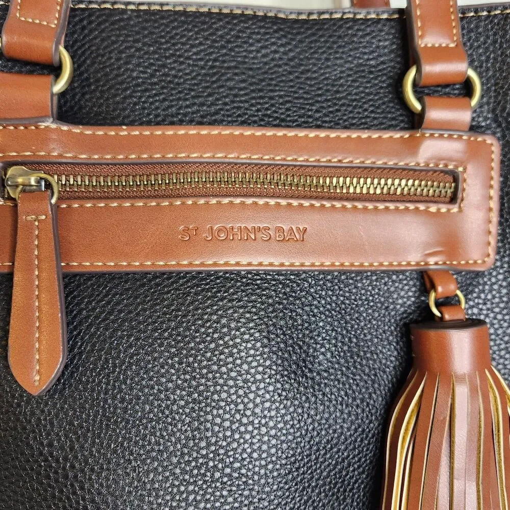 St John's Bay Black & Brown Three Section Shoulder Bag Purse Faux Leather Tassel